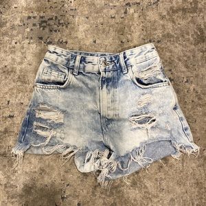 Bershka Light Denim High-Waisted Shorts with Rips